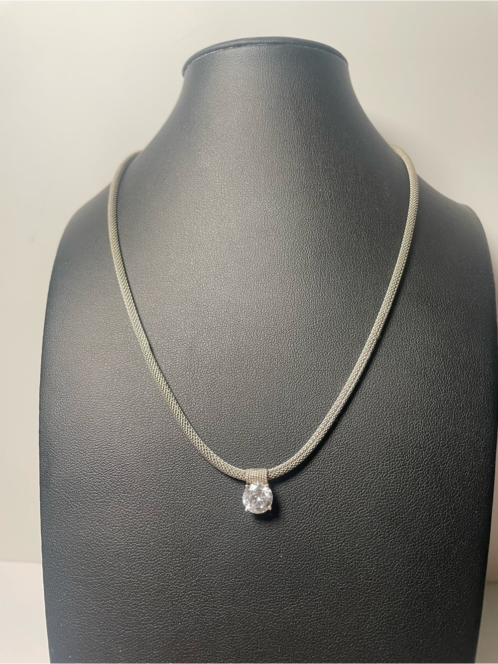 Classic Silver Mesh Necklace with Clear Solitaire Pendant